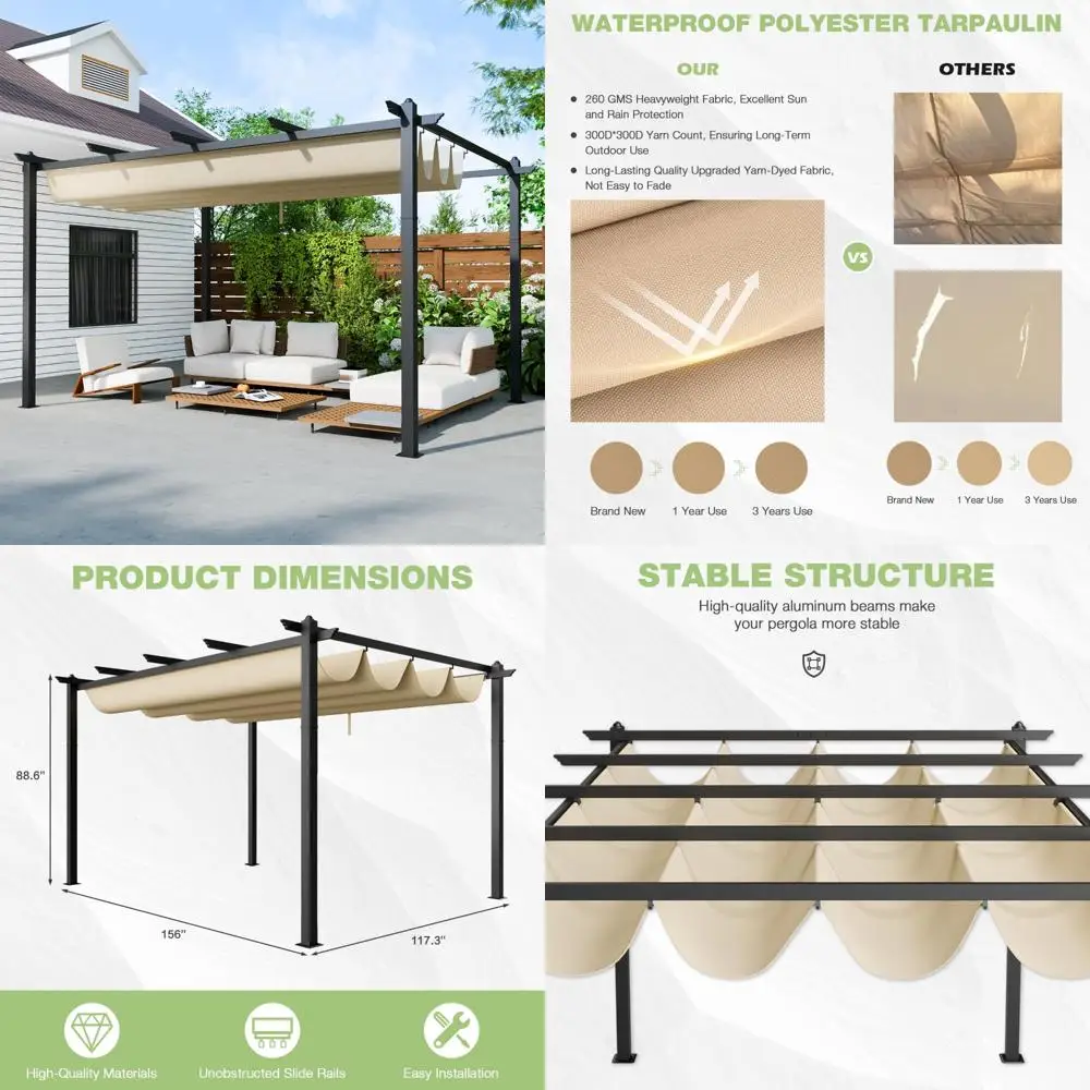 

Adjustable Shade Outdoor Metal Pergola, 10' x 13' Retractable Canopy, Freestanding Garden Shelter, Backyard Shade Solution