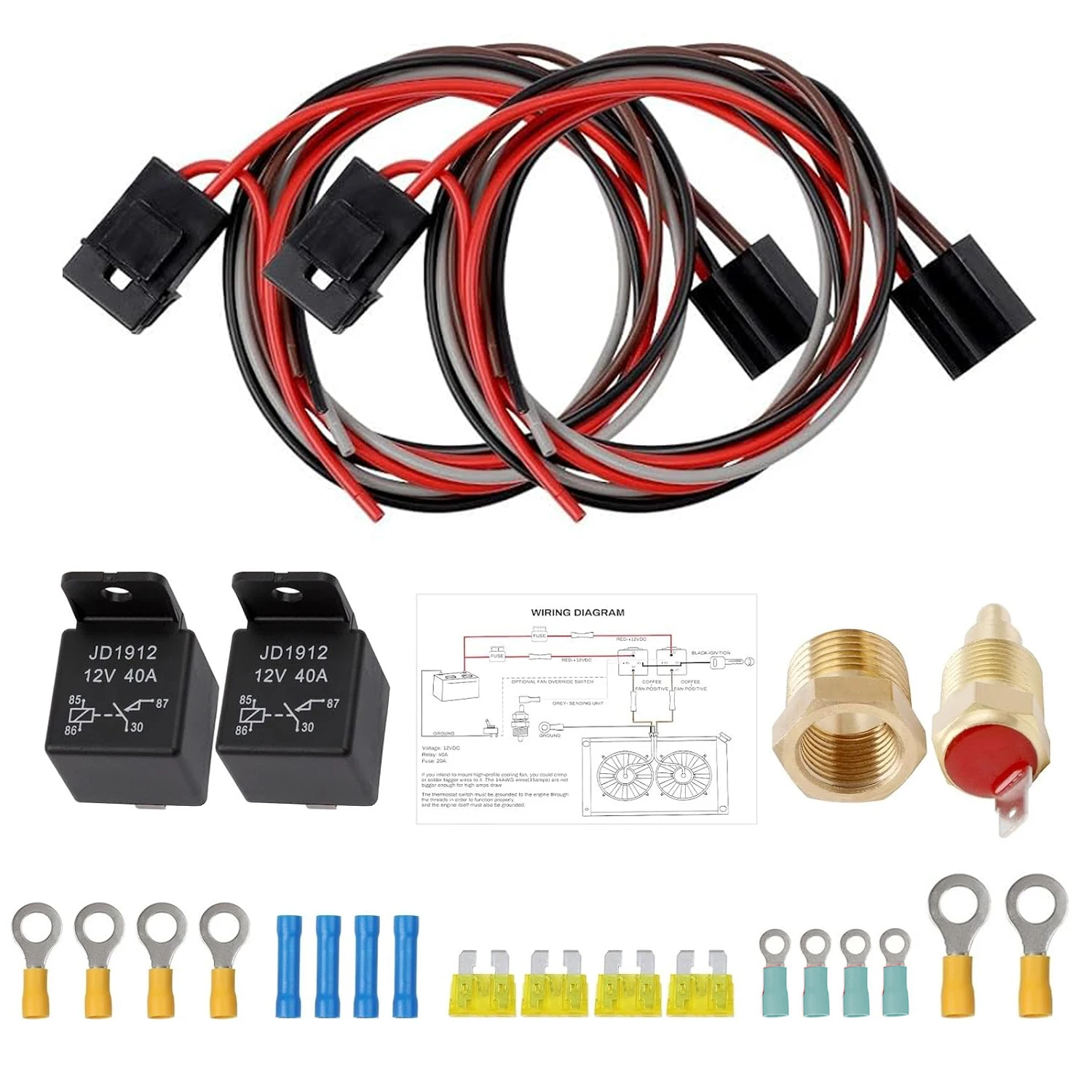 Kit de cableado para radiador con ventilador eléctrico dual de 40 amperios con 185 °   En 175 °   Interruptor de Temperatura, Relé de Ventilador Impermeable para Refrigeración, Termostato Ki