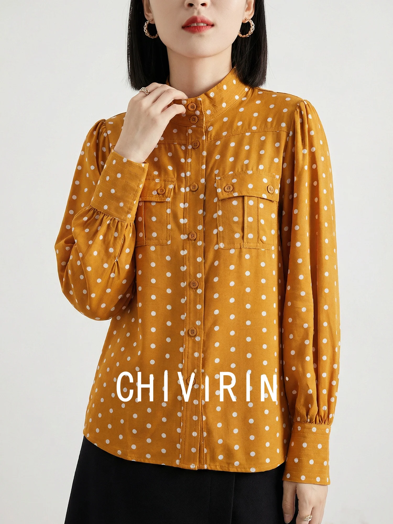 

Женская блузка Chivirin с желтыми горошками, длинными рукавами-фонариками, воротником-стойкой, из дышащего полиэфирного волокна