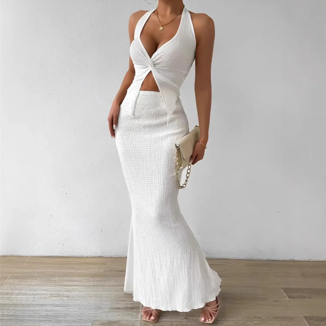 Fashion Women 2025 Summer Sexy Solid Color Hanging Neck Top Long Skirt Fashion Two-piece Set Tight And Elegant Two-piece Set