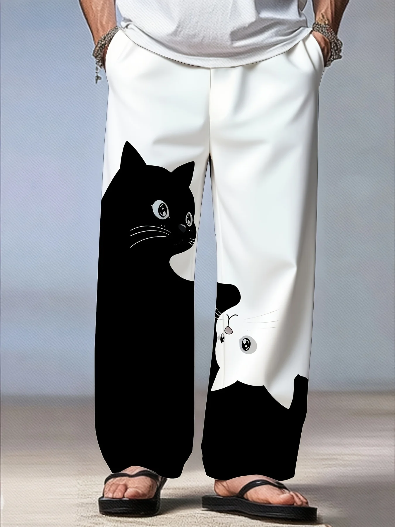 Women's Large Size Cartoon Cat Loose Wide-legged Pants Fall And Winter Casual Elastic Waist Pants Home Large Size Women Clothing