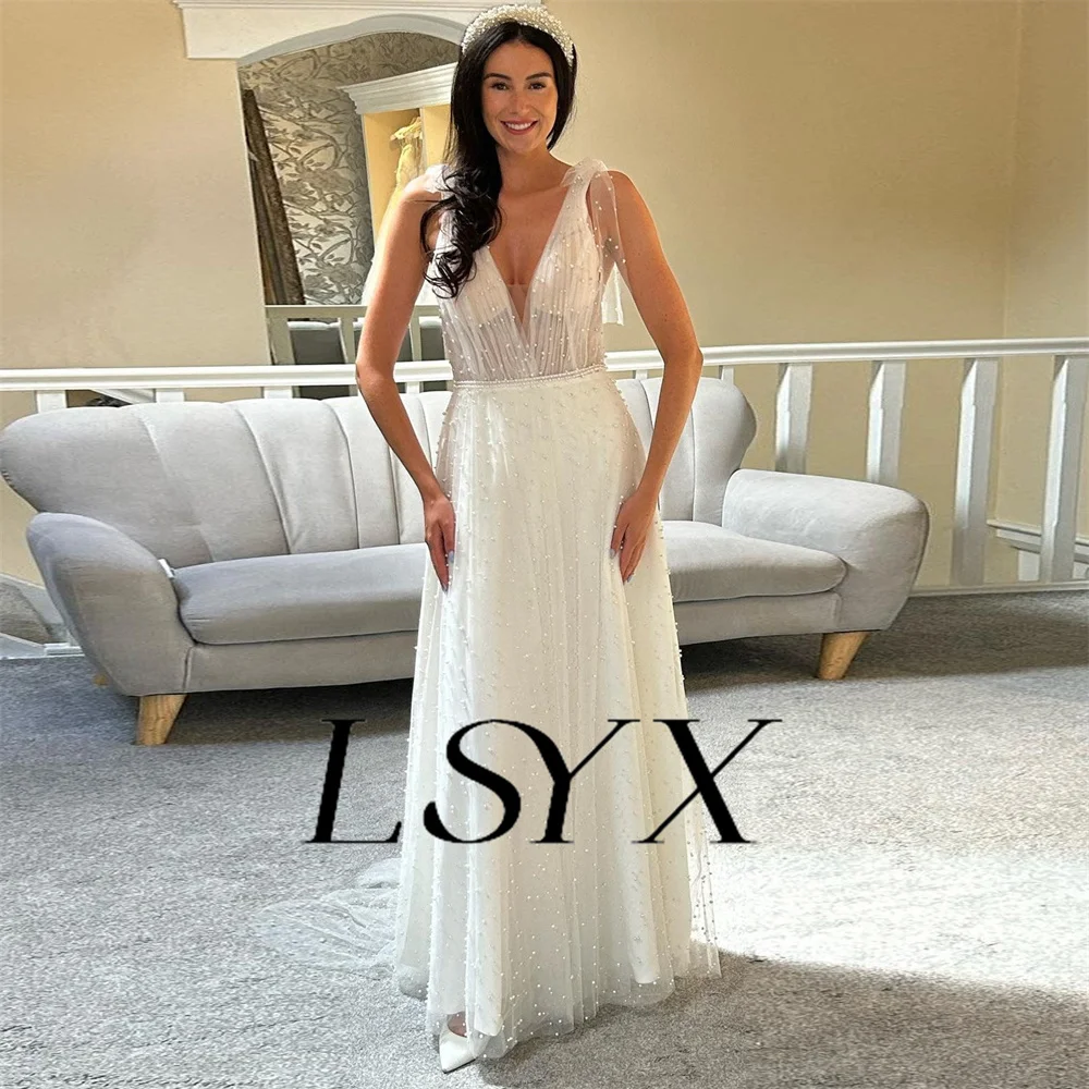 LSYX Illusion Deep V-Neck Sleeveless Tulle Beaded Mermaid Wedding Dress For Women Open Back Court Train Bridal Gown Custom Made