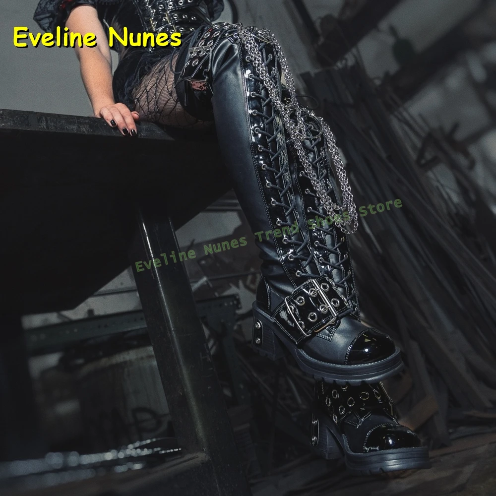 

Punk Y2K Over The Knee Boots 2025 Newest Round Toe Chunky Heels Metal Decoration Chain Belt Buckle Patchwork Knight Boots Trend