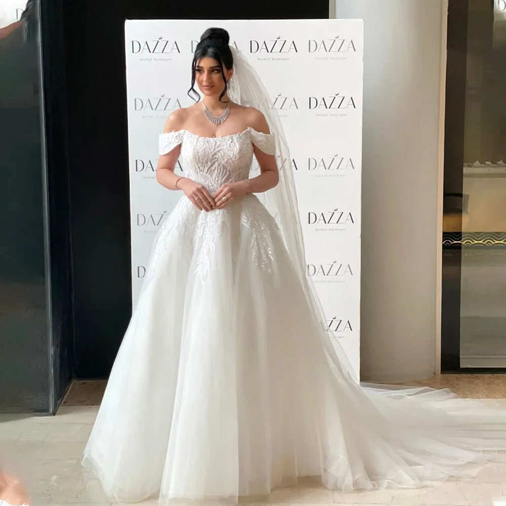 

Charming Off The Shoulder Sweethart Lace Applique Bridal Grown A Line Wedding Dresses Cap Sleeves Sweep Train Custom Made 2026