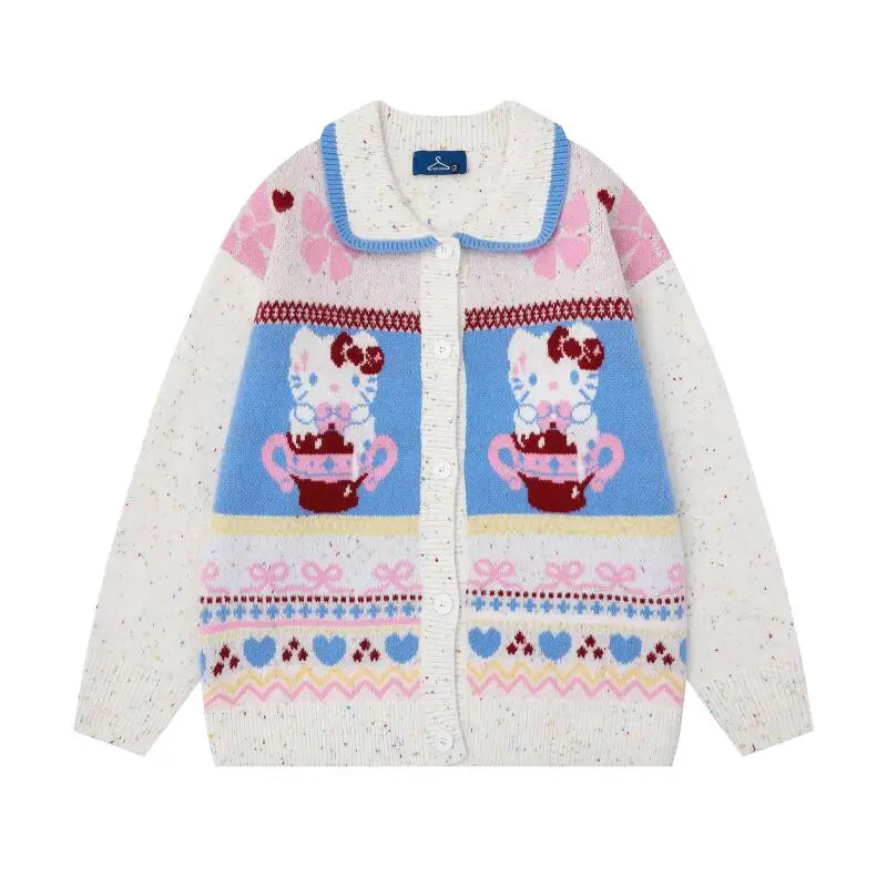 سانريو جريل مرحبا كيتي سترة Kawaii أنيمي موضة طالب عادية مستديرة الرقبة الخريف الشتاء تريكو سترة بلايز نمط جديد