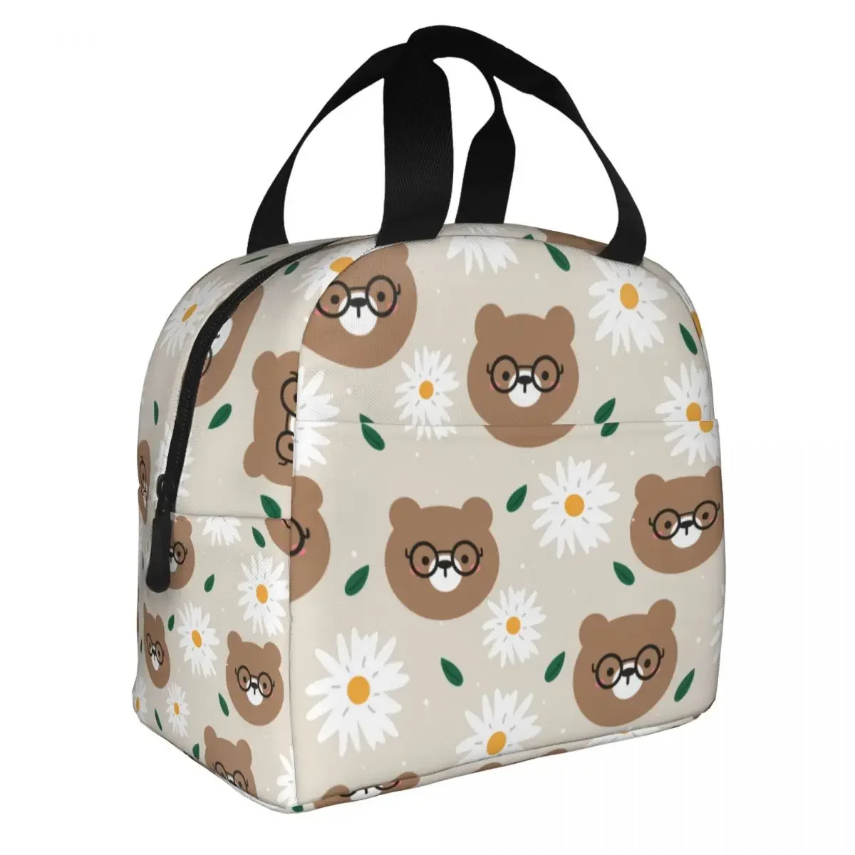 Bear Flower Lunch Bag Portable Insulated Oxford Cooler Bag Cute Animal Thermal Picnic Work Lunch Box for Women Girl