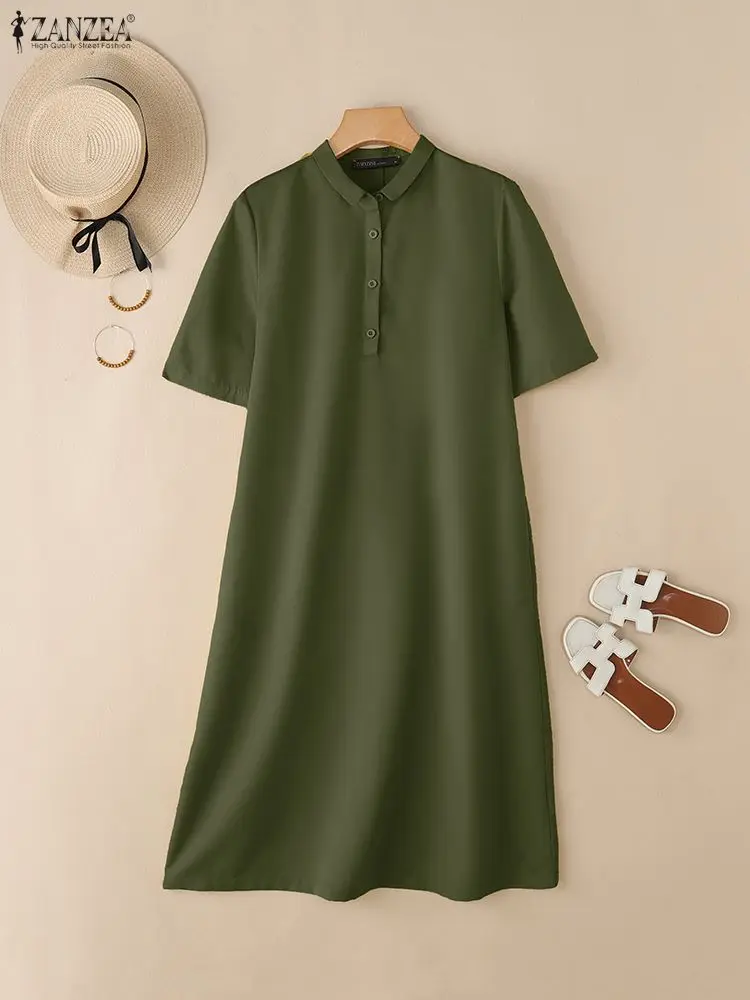 2025 ZANZEA فستان صيفي المرأة التلبيب الرقبة قصيرة الأكمام الصلبة فستان الشمس أنيق OL العمل فساتين متوسطة الطول أزرار عادية رداء كبير الحجم