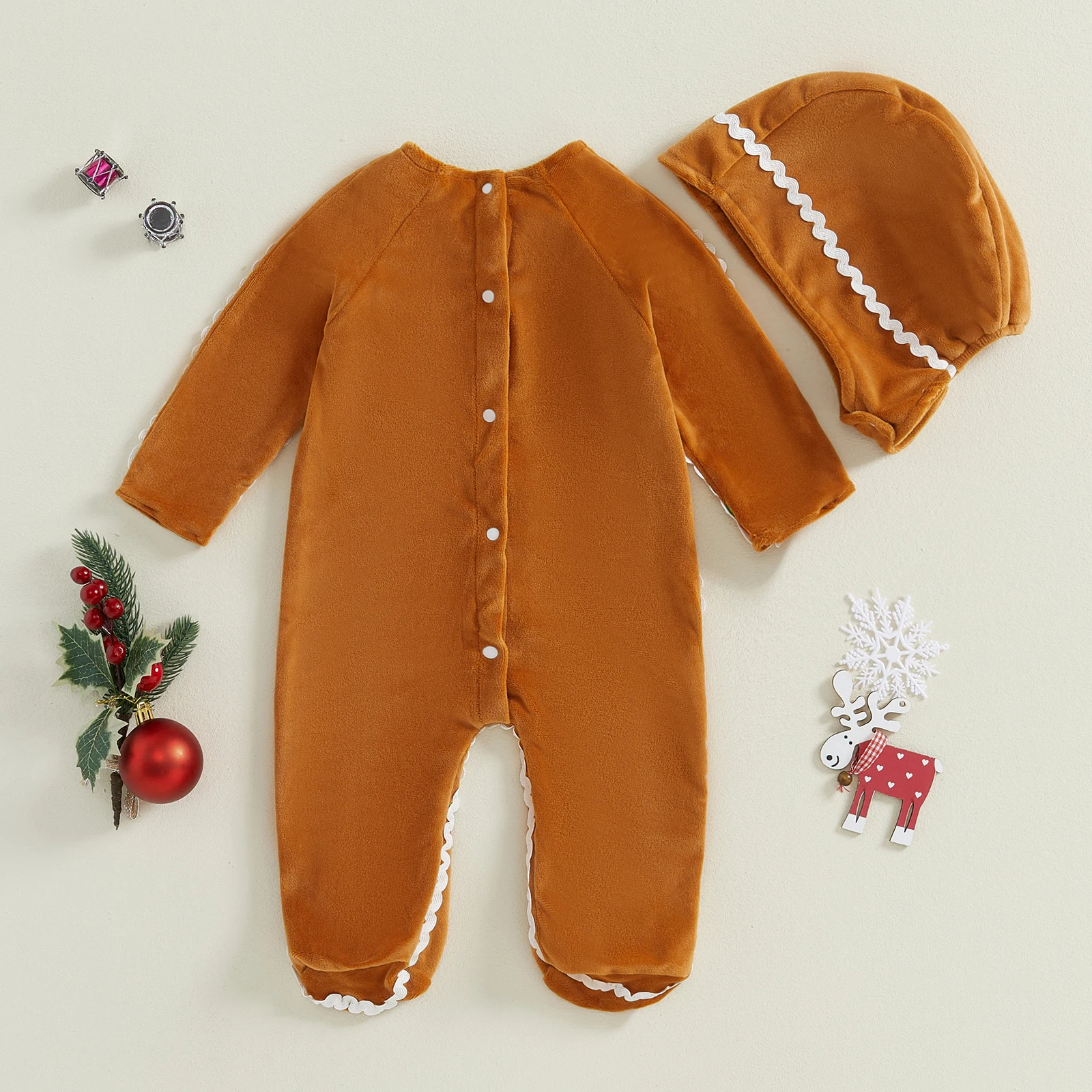 Halloween Toddler Baby Gingerbread Man Rompers Casual Long Sleeve Footed Jumpsuit and Cute Hat for Newborn Girl Boy