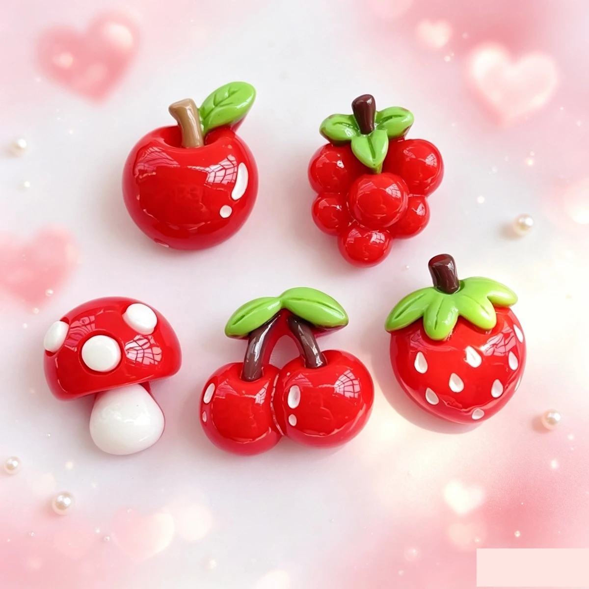 8 Pcs New Cute Cartoon Mushrooms, Strawberries, Apples, Cherries Series Flat Back Resin Scrapbooking DIY Jewelry Hairpin Craft