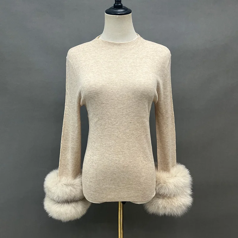 Lady Winter Sweater High Elastic With Fox Fur Cuff Women Clothing Detachable Cuff Pullover S5820