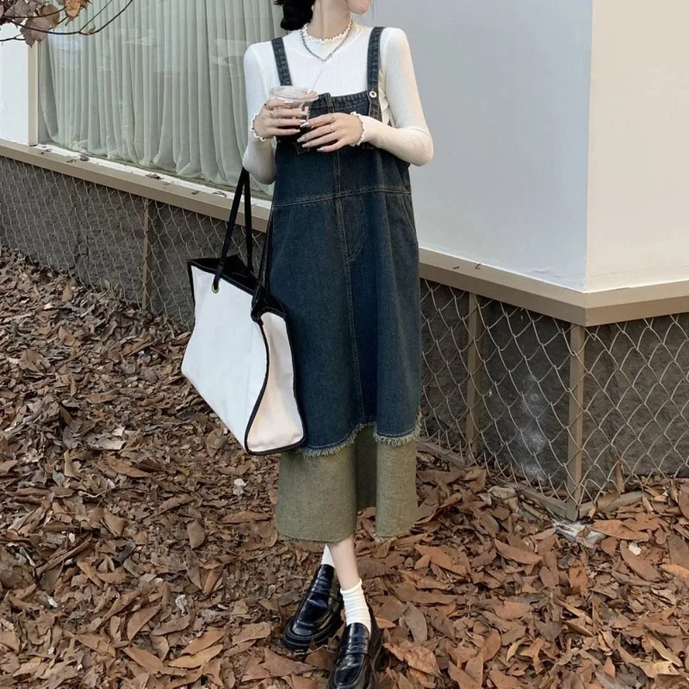 بسيطة المرقعة كاوبوي وزرة فستان بلا أكمام فضفاض الدنيم فستان المرأة ريترو شيك عالية الخصر تنورة طويلة الصيف/الخريف #3