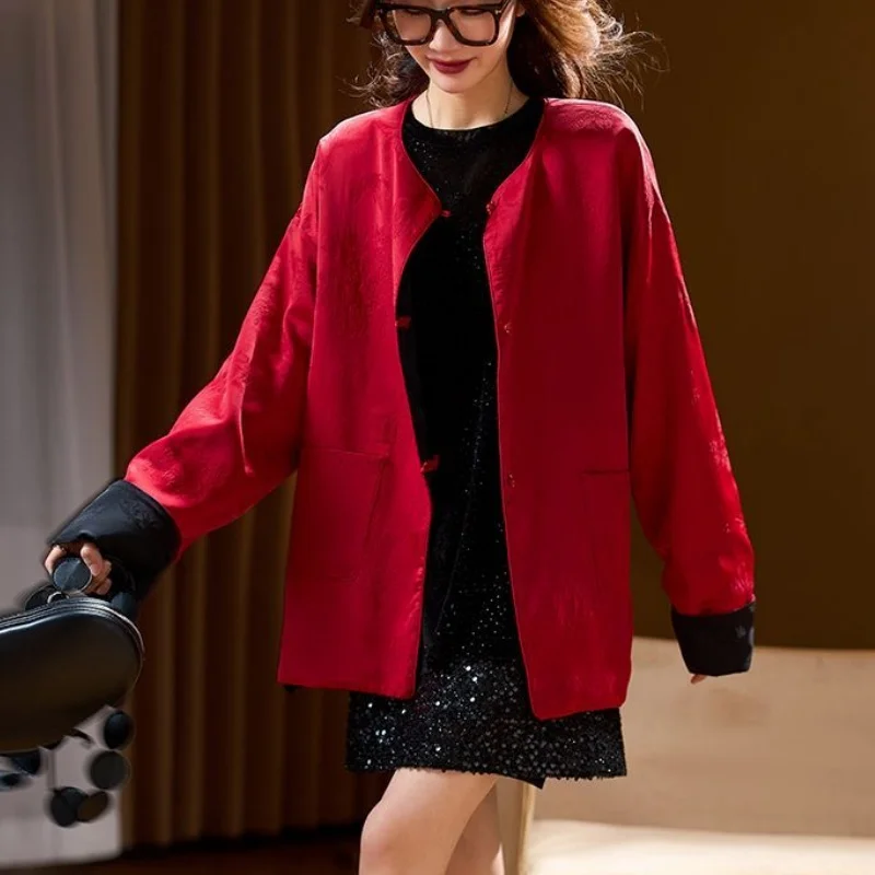 

Autumn Winter Vintage Jacquard Coat Women Chinese Style Loose Reversible Jacket Soft Frog Button Outerwear Fashion Womens Tops