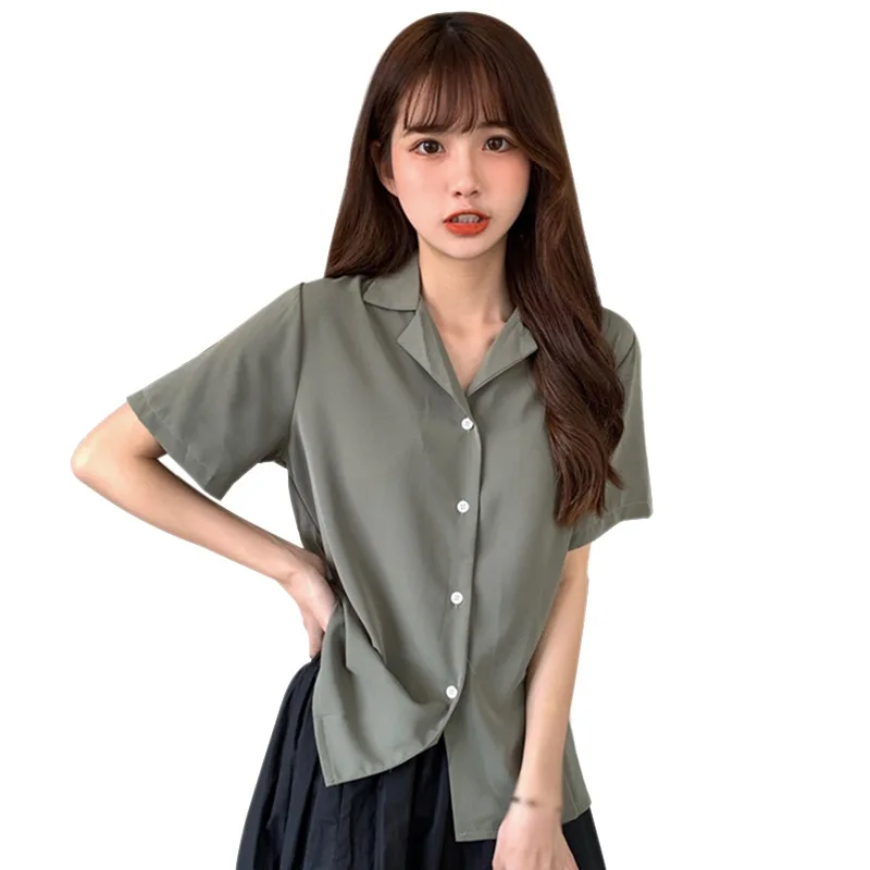 

Women's Temperament Lapel Loose Fit Blouse Short Sleeve Button Down Solid Color Casual Chiffon Shirts Summer All Matching Tops