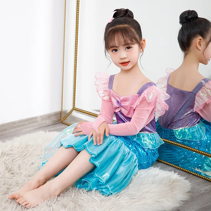 Long Sleeves Mermaid Dress For Girls Luxury Pink Ariel Clothes Ruffles Sequin Princess Costume Carnival Halloween Dress Up Sets