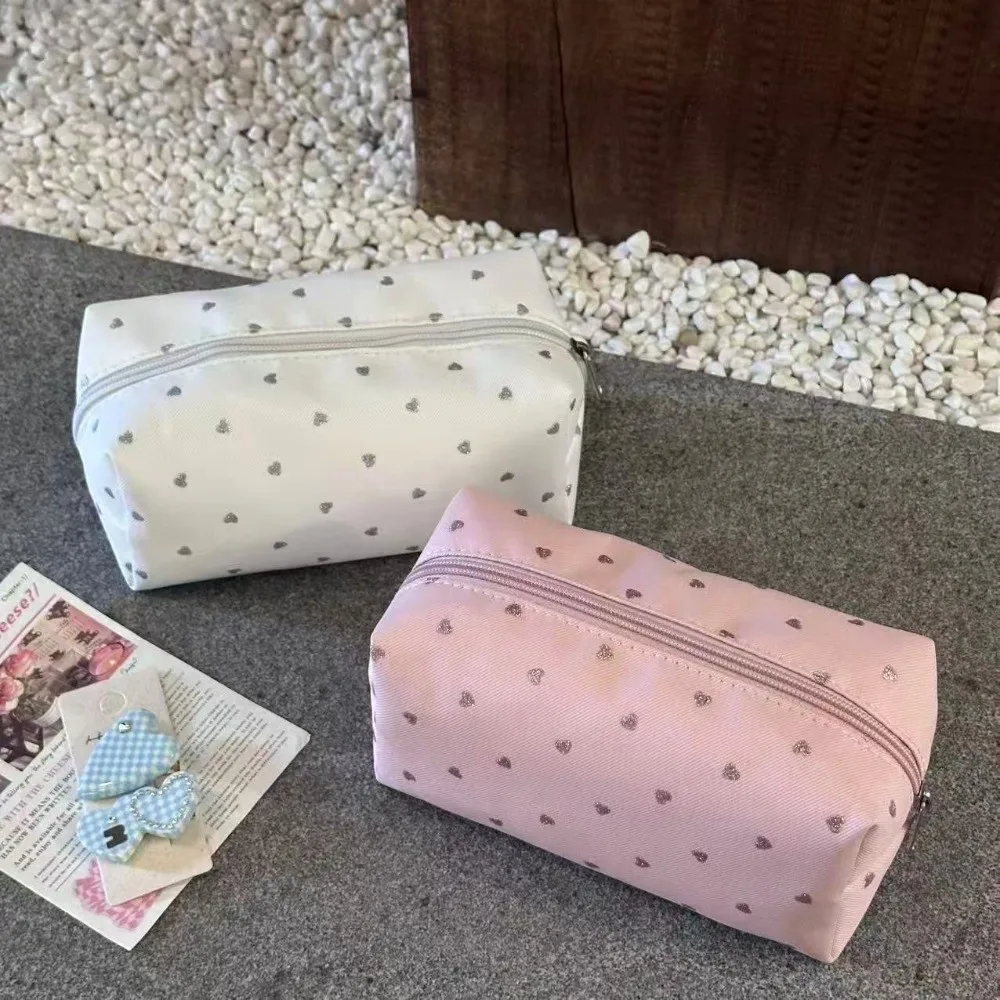 1Pc Korean Style Heart Print Makeup Bag Large Capacity Portable Cosmetic Pouch Multi-use Pencil Case Home Tavel