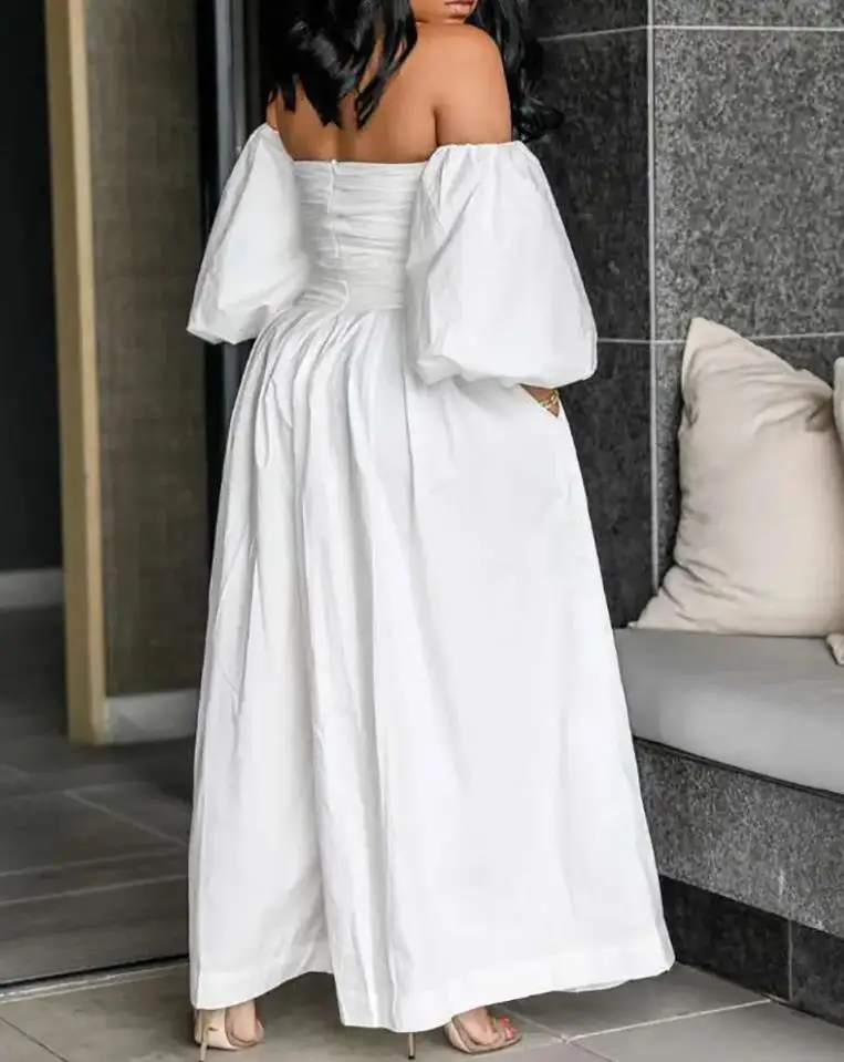 Dames Jumpsuit Zomer Wit Off Shoulder Lantern Mouw Wijde Pijpen Jumpsuit Losse Wijde Pijpen Casual Broek Romper Hoge Streetwear