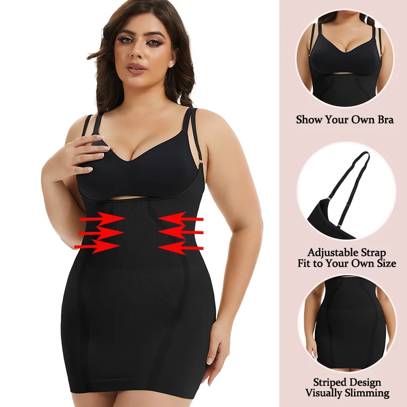 Plus Size Underbust Slip for Women Stripped Shapewear Dress Slimming Tummy Control Full Body Shaper Adjustable Strap Butt Lifter