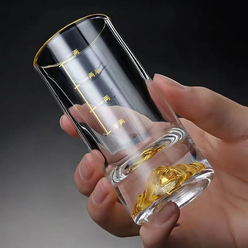 6pcs Set 3.4oz 100ml Classic Brandy Glasses Thick Bottomed Golden Mountain Glass Transparent Liquor Cup with Golden Scale Line