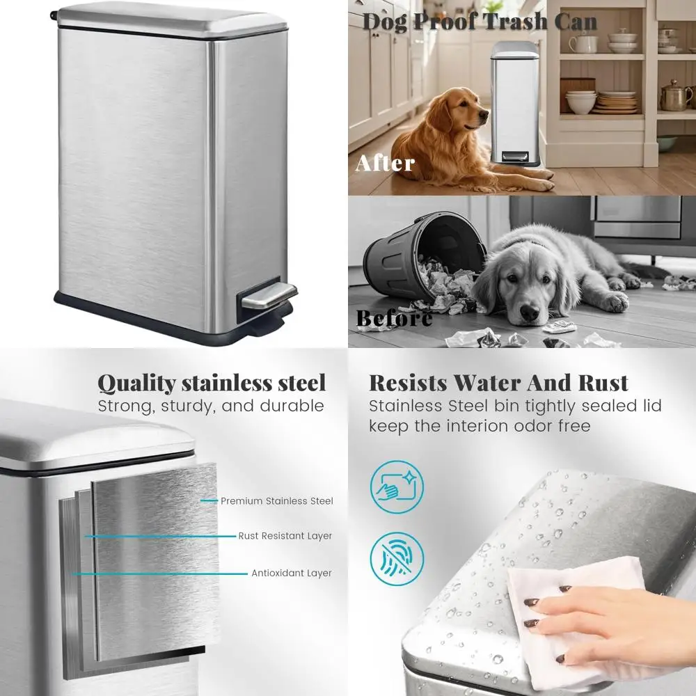 

Stainless Steel Slim 8 Gallon Trash Can with Soft-Close Lid, Removable Bucket, Fingerprint-Resistant, Odor-Controlled
