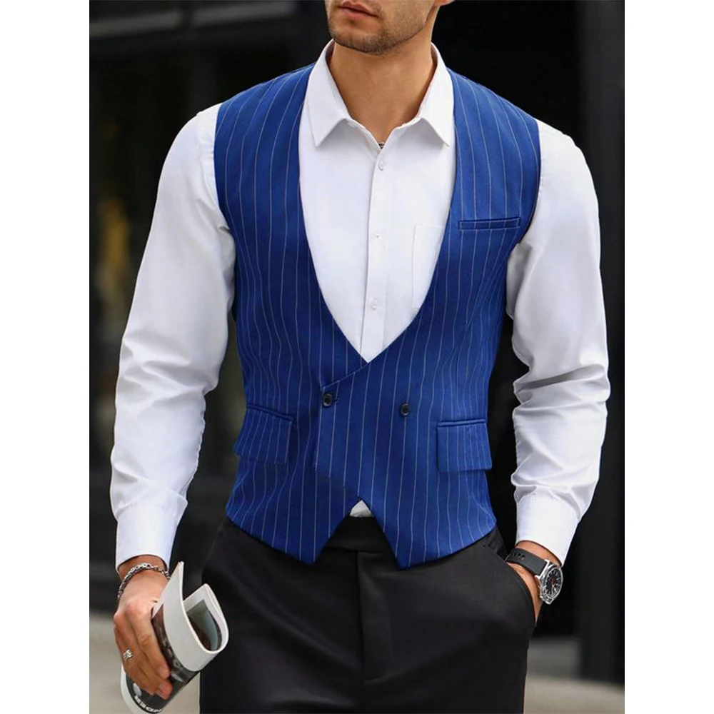 Gentlemen Men Vintage Vest Stripes Two Pockets Waistcoat for Grooms Wedding Elegant Men's Tops Formal Male Dress Vests