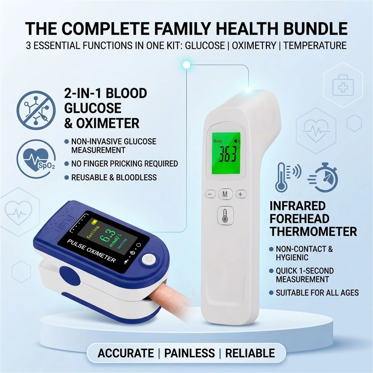 Non-contact Infrared Forehead Digital Thermometer Or Meter Finger Pulse Oximeter Blood Glucose Detector for Adult Kid
