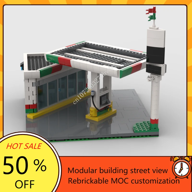Station-service d'angle modulaire MOC, 691 pièces, modèle créatif de vue sur la rue, Puzzle personnalisé, Architecture, bricolage, modèle d'assemblage, jouet d'anniversaire, cadeau