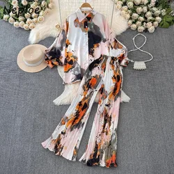 Neploe Fashion Lantern Sleeve Vintage Print Shirts Women+ High Waist Ruched Loose Wide Leg Pants 2024 Summer New Two Piece Sets