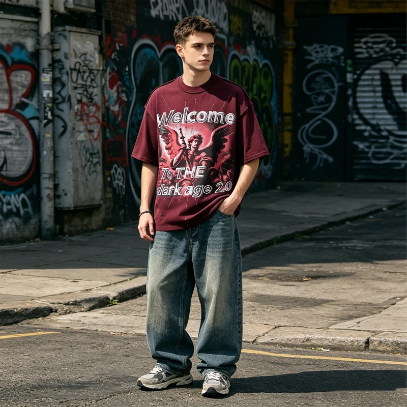 Vintage Washed Pink Angel Print Strass T-Shirt Herren Oversized Streetwear Y2K Gothic Grunge Rundhals Lässiges Grafik-T-Shirt – Detail 4