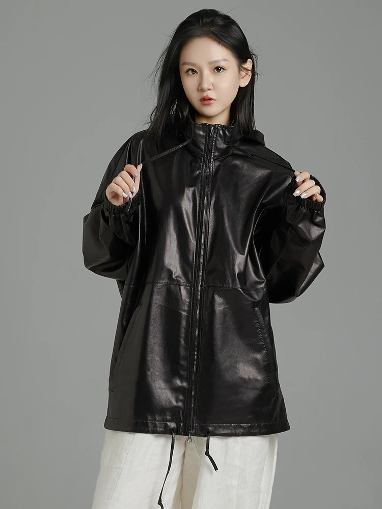 Casual Schwarz Echtes Leder Windjacke für Frauen Frühling Herbst High-end-Einfache Stehkragen Mit Kapuze Echt Schaffell Mantel