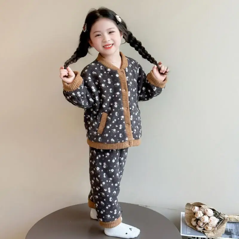 

Autumn Winter 2025 New Fashionable Fashion 2-piece Set Children's Clothing Jacket Baby Girls' Pajama Trendy Casual Home Clothes
