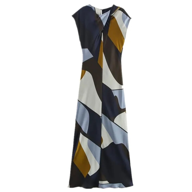 Wiosna 2025 Damska Moda Wszechstronny Jedwabny Satynowy Nadruk Midi Dr Ele Sle Jednoczęściowy Premium Quali Ladies Dr