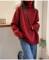 Women's Red Cashmere Turtleneck Sweater Loose Fit Thick Pullover for Autumn Winter European Style New Year Lazy Wind