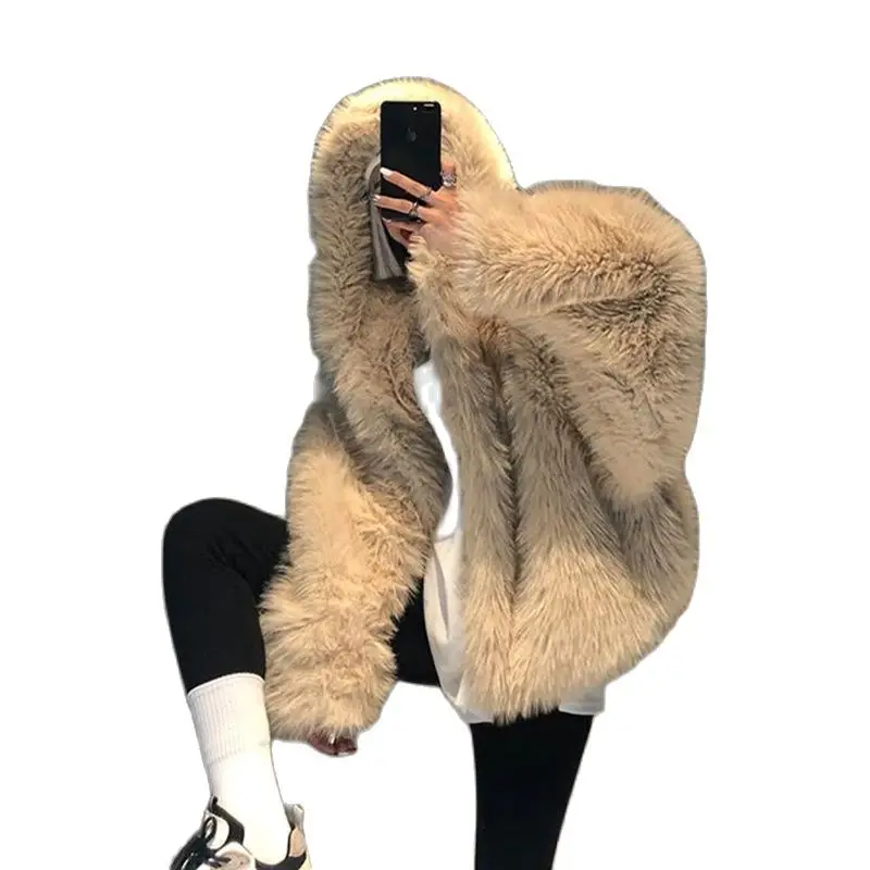 Winter Faux Fur Coat Japanese Fashion Women Loose Design Bat Sleeves Female Hooded Outerwear Sleeve Length 54cm Full length 60cm