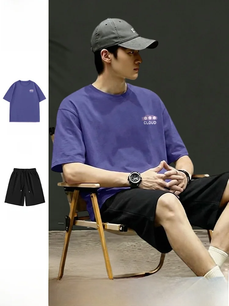 jeanswest-men's-summer-cotton-short-sleeve-shorts-set-breathable-casual-sports-wear-five-quarter-length-t-shirt-and-shorts