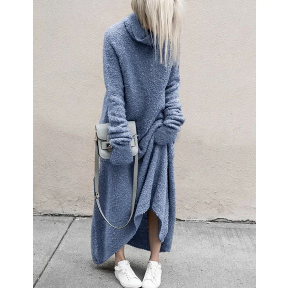 Women\'s Furry Turtleneck Long Sleeve High Waist Dress, Warm Sweater, Large Size, Monochromatic