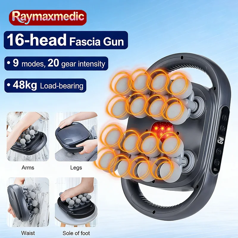

Массажный пистолет Raymax с 16 насадками, высокочастотная вибрация, для массажа тела, спины, поясницы, шеи, плеч, мышц