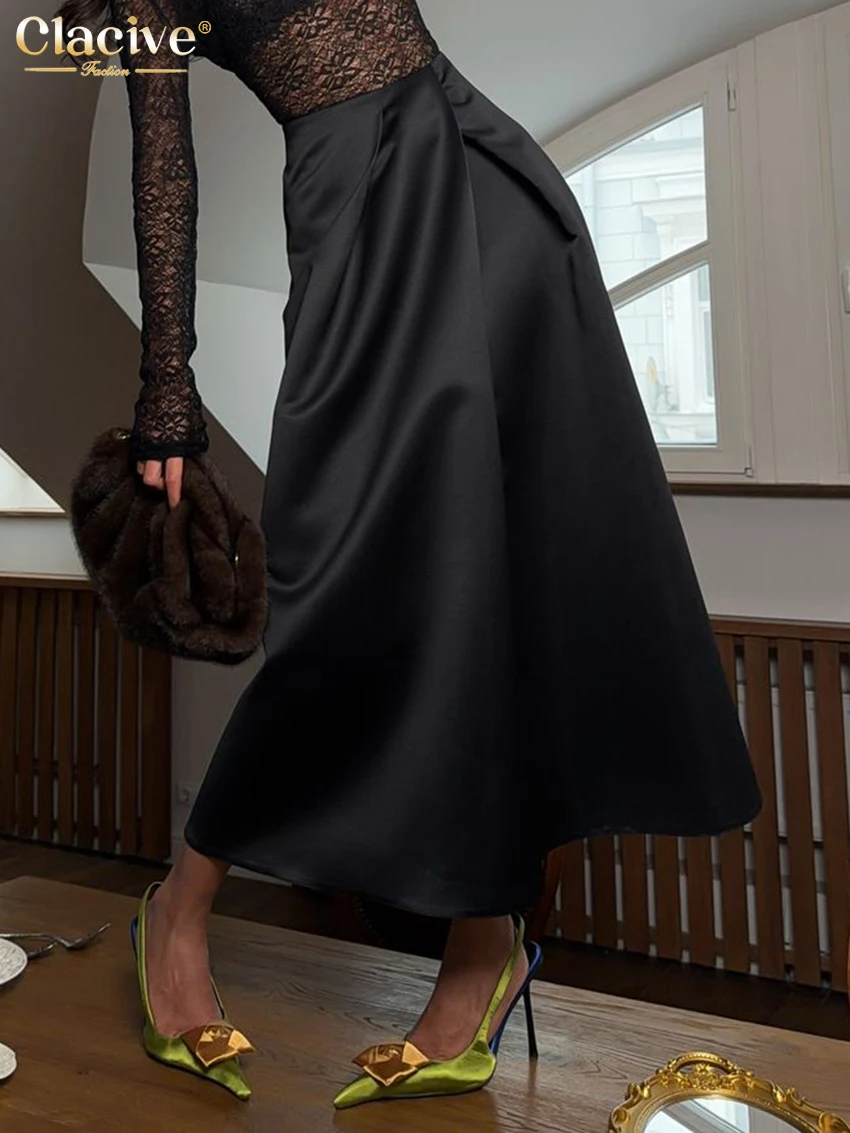 

Clacive Fashion Loose Black Satin Women's Skirt 2026 Elegant High Waist Long Skirts Casual Classic Solid Skirt Female Clothing