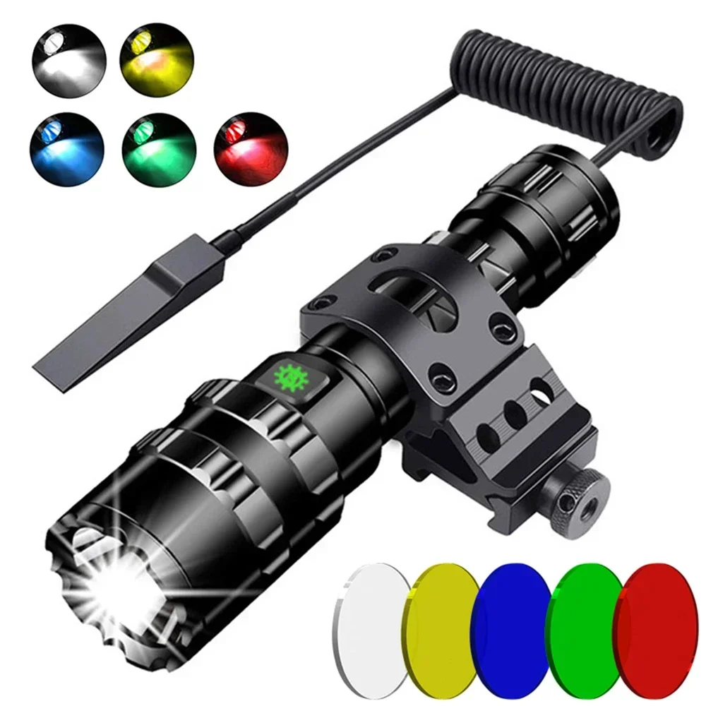 

LED Tactical Hunting Torch Flashlight L2 18650 Aluminum Waterproof Outdoor Lighting with Gun Mount +Switch USB Rechargeable Lamp