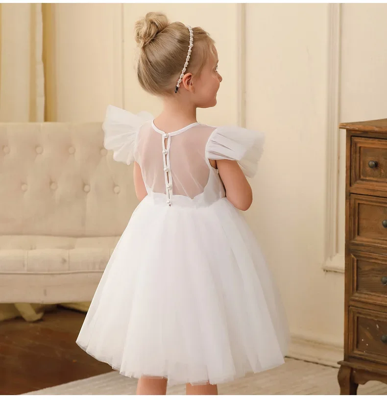 

Cute ruffle sleeve flower girl dress fluffy tulle knee-length princess prom dress for weddings and birthday parties