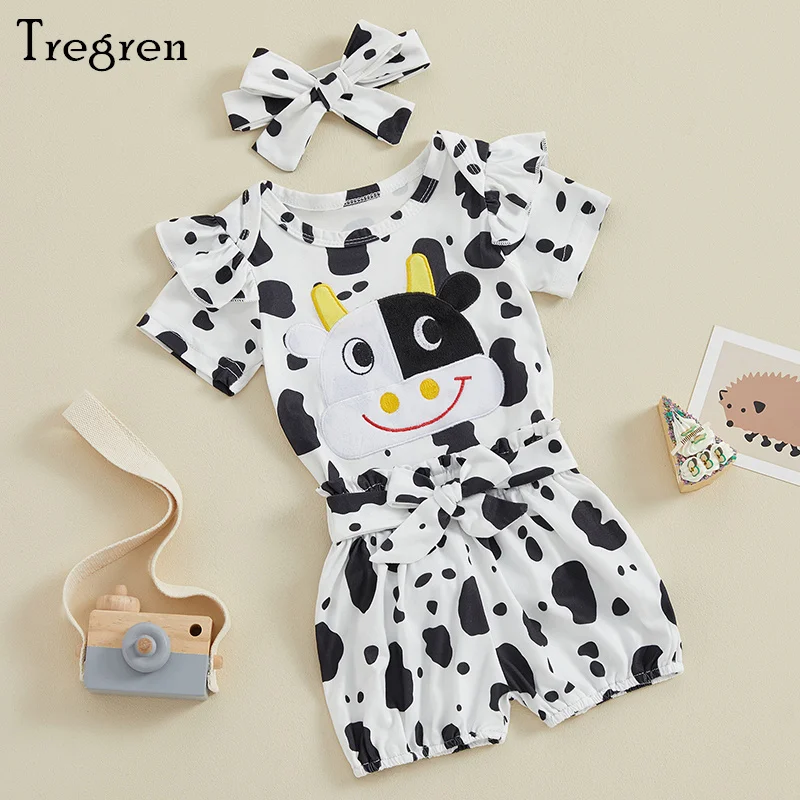 

Tregren 0-18M Infant Baby Girl Cow Embroidery 3pcs Clothes Sets Ruffle Short Sleeve Romper with Belted Shorts and Bow Headband