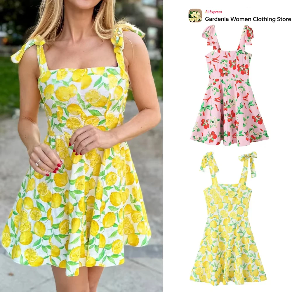 Elegant Chic Printed Lady Dresses Wide Tied Straps Vacation Women Short Dresses Side Hidden in-seam Zipper High Street Vestidos