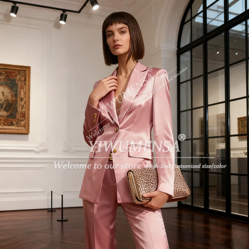 

Розовый атласный костюм, женский комплект из 2 предметов, однобортный пиджак, брюки, женская деловая офисная рабочая одежда, прямые брюки по индивидуальному заказу