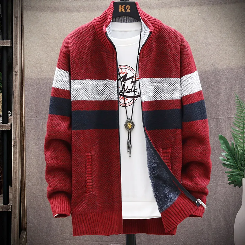 Men\'s Winter Sweater Thick Fleece Warm Korean Popular Clothes Casual Stand Collar Zipper Cardigan Fashion Striped Coat