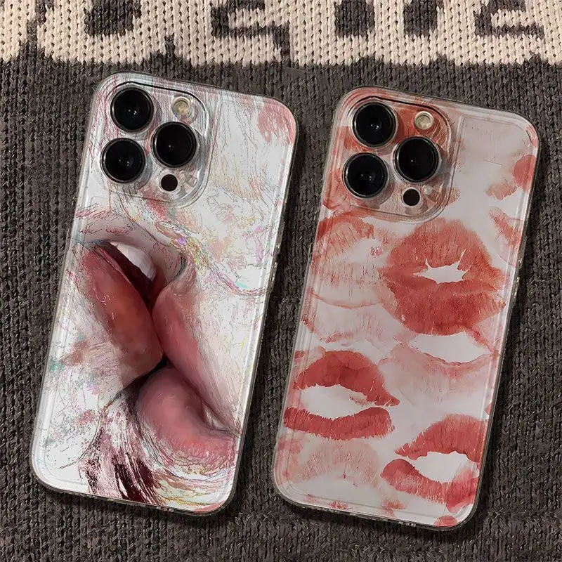 

Creative Tangle Kiss Lip Print Phone Case For iPhone 16 15 11 12 14 13 Pro Max Mini X XSMax XR 7 8 Plus SE4 16e Silica Covers