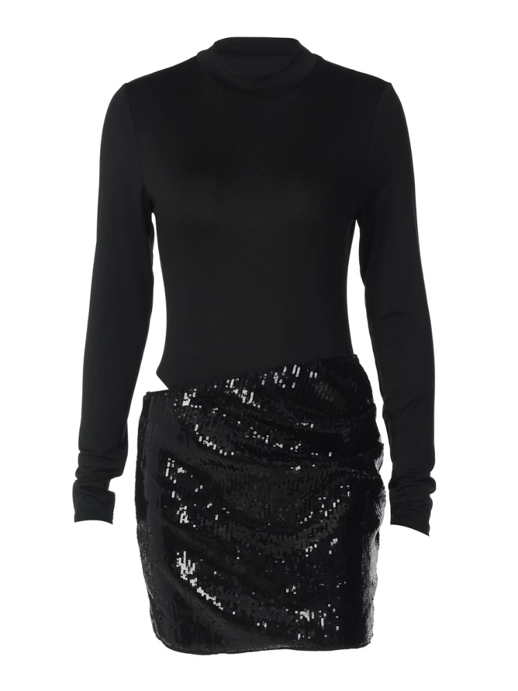 Foamlina Women's Black Long Sleeve Mini Dress Elegant Cut-out Slim Sequins Patchwork Bodycon Fall Winter Fashion Dress for Party