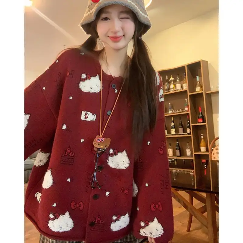 Hot Sanrio Round Neck Sweater Autumn and Winter Loose Coat Kawaii Hello Kitty Comic Lovely Fashion Sweater Tops Hole Jeans New