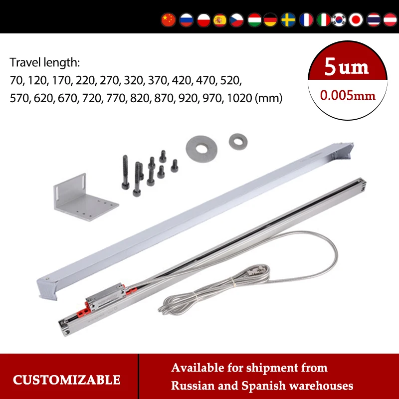 SINO KA-300 Linear Scale Optical 5um Grating Glass Ruler 0.005mm Sensor For DRO Lathe Milling Machine TTL 70mm to 1020mm KA300