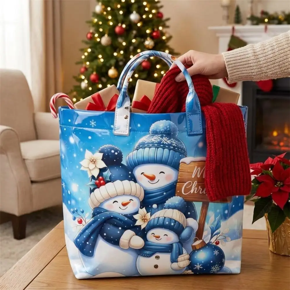 Waterproof Christmas Print PVC Tote Bag Vintage Large Capacity Holiday Beach Tote Portable Glossy Commute Tote Bag Beach