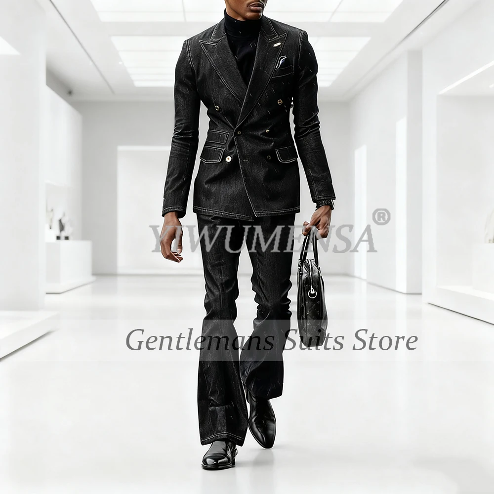 

Male Fashion Denim Men Suit Double Breasted Prom Blazers Customized 2 Pieces Groom Formal Party Tuxedos trajes para hombre 2026
