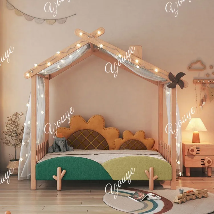 

Children's bed solid wood with guardrail, treehouse bed, desk integrated, 1.5m telescopic bed with storage